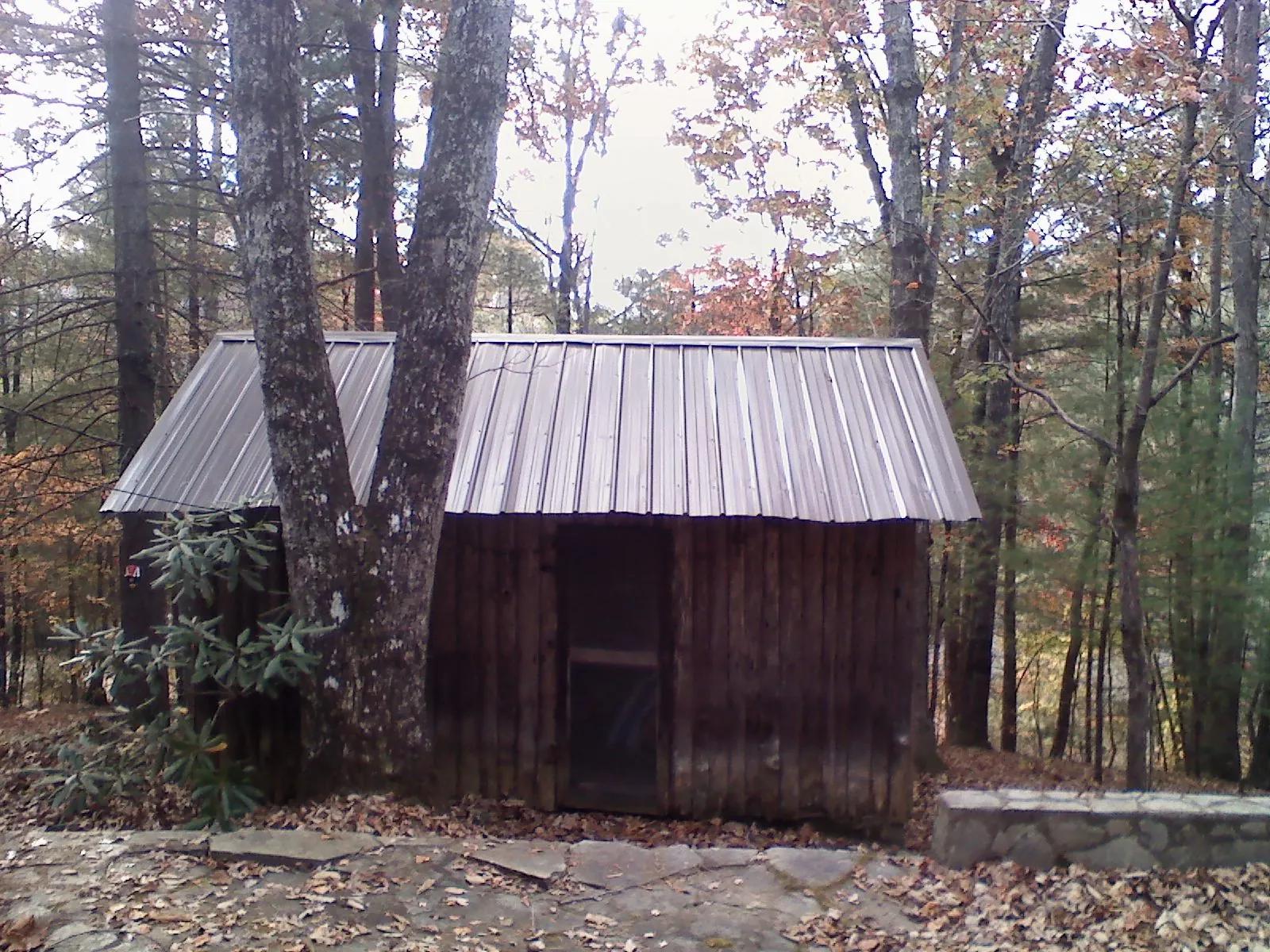 New metal gable roof on a small log shed among the trees in Baxley